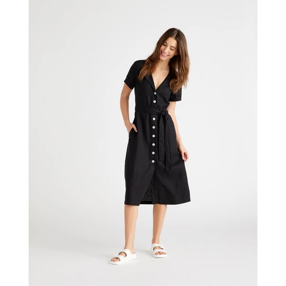 QUINCE Black 100% European Linen Button Front Dress Size Medium - Picture 3 of 12